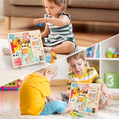 Montessori Juguetes a partir de 3 años, juguete de motricidad, juguete educativo Tetris de madera, rompecabezas 3D, juguete clásico de madera, bloques con bonitos patrones de animales, regalos para