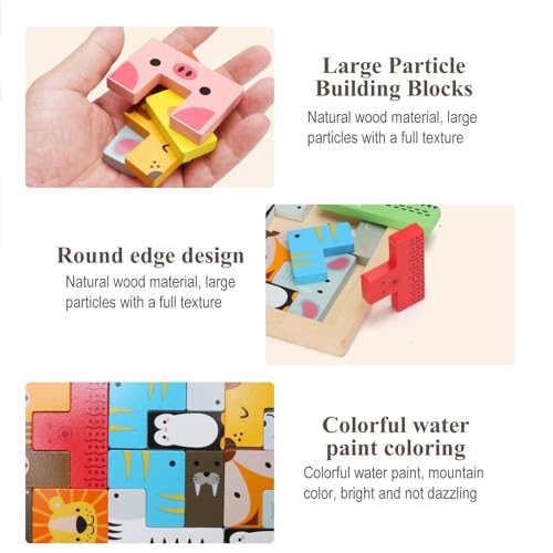 Montessori Juguetes a partir de 3 años, juguete de motricidad, juguete educativo Tetris de madera, rompecabezas 3D, juguete clásico de madera, bloques con bonitos patrones de animales, regalos para