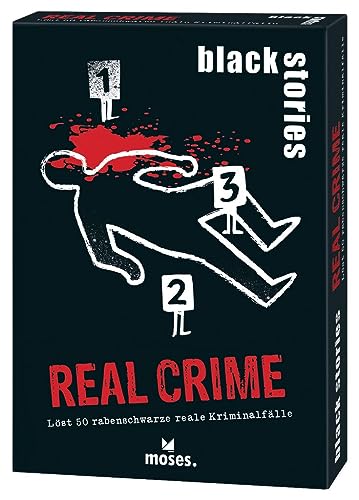 moses- Black Stories Crime-50 acertijos sobre Casos Criminales Reales Cartas con Variante fichas de Puntos, Juego de Puzzles para Adolescentes y Adultos, Color Blanco (90046)