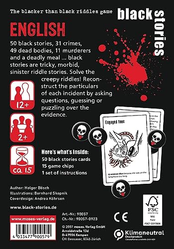 moses Black Stories English-50 Creepy Mysteries, inglés, Cartas de Crimen en Nuevo diseño con Dos Variantes, Juego de Puzzles para jóvenes y Adultos, Color Blanco (90057)