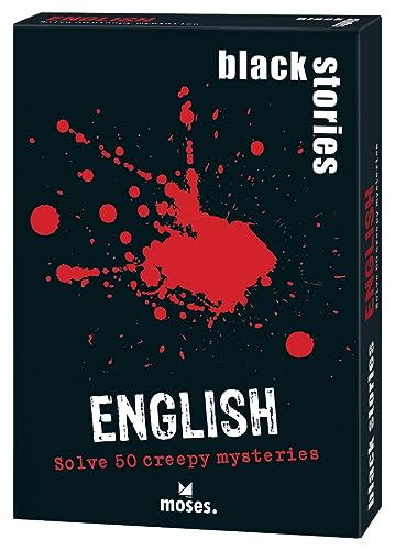 moses Black Stories English-50 Creepy Mysteries, inglés, Cartas de Crimen en Nuevo diseño con Dos Variantes, Juego de Puzzles para jóvenes y Adultos, Color Blanco (90057)