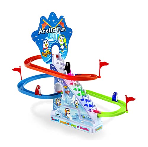 Mr. Gadget Solution® Penguin Roller Coaster Track Toy Game Penguins Slides & Climbs Racing Funciona con pilas Musical Juegos para niños, Carrera de pingüinos