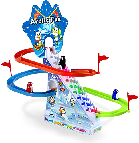 Mr. Gadget Solution® Penguin Roller Coaster Track Toy Game Penguins Slides & Climbs Racing Funciona con pilas Musical Juegos para niños, Carrera de pingüinos