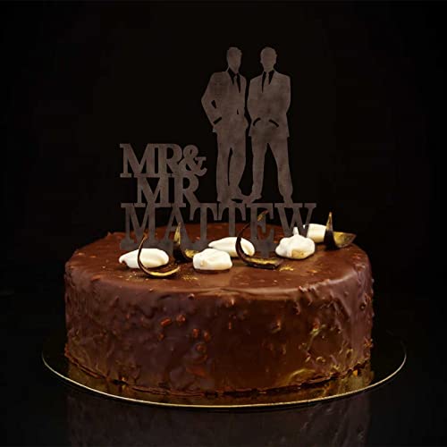 Mr & Mr Silhouette - Decoración para tartas de madera retro para dos hombres, silueta de amor, dos hombres, decoración de pastel de boda, nombre personalizado, boda, fecha, hombres, regalos de