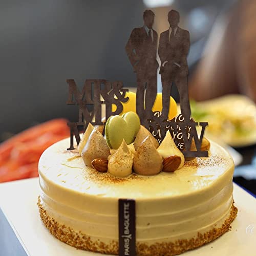Mr & Mr Silhouette - Decoración para tartas de madera retro para dos hombres, silueta de amor, dos hombres, decoración de pastel de boda, nombre personalizado, boda, fecha, hombres, regalos de