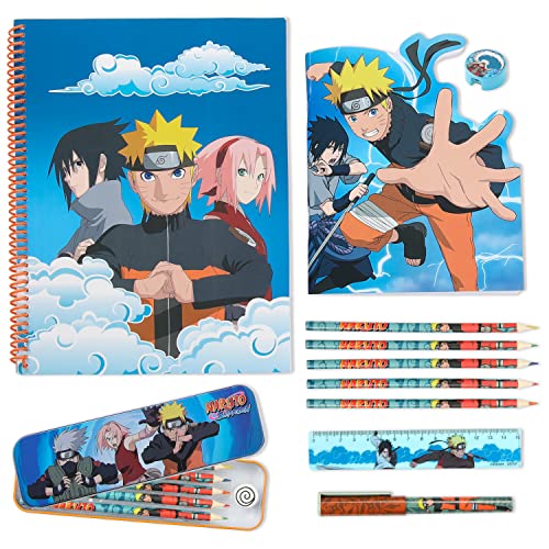 Naruto Accesorios Set Escritura y Papelería Lápices Estuche Escolar de Lata Cuaderno Para Niños Papelería Anime Set Escuela Regalos De Cumpleaños De Niños (Azul)