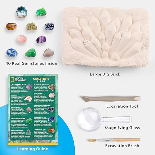 NATIONAL GEOGRAPHIC Kit de Excavación de Gemas con 10 Auténticas Piedras Preciosas para Niños, Descubre Las Gemas con Herramientas de Excavación y una Lupa, Kits de Ciencia