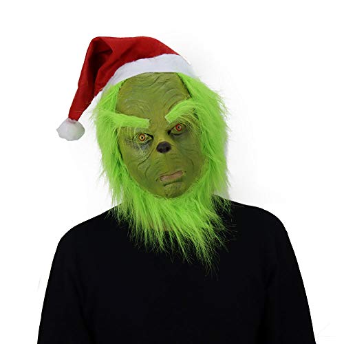 Nesloonp Máscara De Navidad Máscara De Cabeza Completa De Látex Máscara De Monstruo De Pelo Verde Espeluznante Tocado Máscara De Terror Navideño Mascarilla De Terror Cosplay Decoración De Halloween