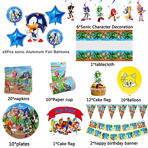 Newtic 77PCS Suministros de Fiesta de cumpleaños Sonic, Juego de Vajilla de Sonic para Fiesta de Cumpleaños, Incluye Tazas, Platos, Mantel, servilletas, Globos,para 10 niñas y niños