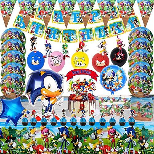 Newtic 77PCS Suministros de Fiesta de cumpleaños Sonic, Juego de Vajilla de Sonic para Fiesta de Cumpleaños, Incluye Tazas, Platos, Mantel, servilletas, Globos,para 10 niñas y niños