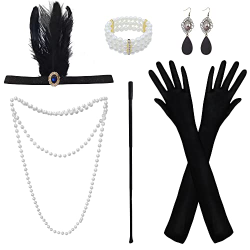 NINGESHOP 1920s Set de accesorios, Juego de Accesorios de Aleta de los años 20, Años 20 Disfraces Accesorios, Accesorios Great Gatsby para Mujeres diadema collar guantes aretes