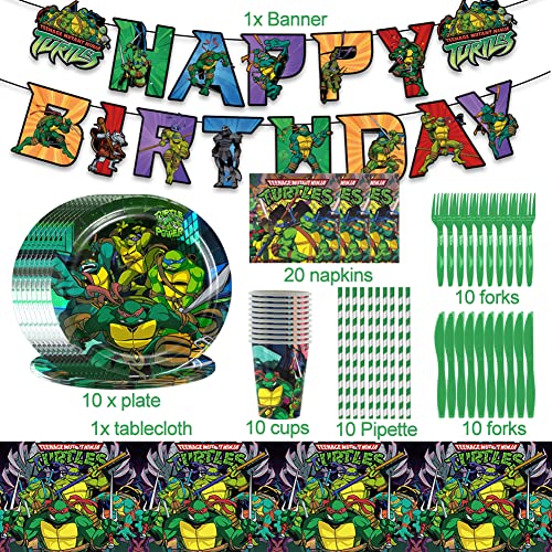 Ninja Turtles Vajilla de Fiesta Decoracion Cumpleaños Fiesta Vajilla Reutilizable Decoración de Fiestas con Decoraciones de Vajilla con Pancartas, Platos, Servilletas, Manteles para Niños 72pcs