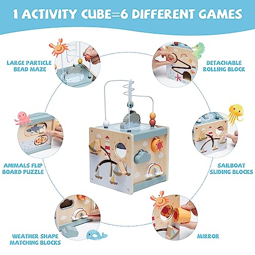 Nukdey Cubo de Actividad con Laberinto y Motivos Oceánicos: un Versátil Laberinto de Cuentas Educativo, Reloj Abacus, Rompecabezas de Aprendizaje Temprano, Juguete de Regalo para niños y niñas
