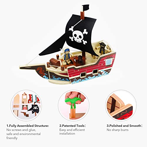NUKied Barco Pirata de Juguete,Juego de construcción de 31 Piezas,Maqueta de Barco para niños,Juguete Creativo de construcción de Madera para niños Que disfrutan de Las Aventuras,para 3 años