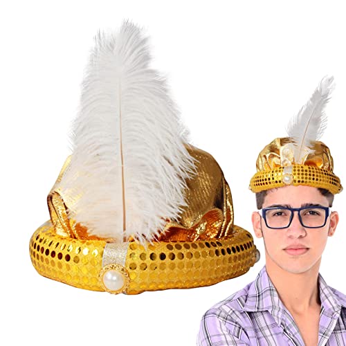 Ohicki Sombrero de disfraz de Aladino,Disfraz de turbante de Aladino - Turbante Aladdin para adultos con diseño de lentejuelas brillantes de plumas y perlas para juegos de rol