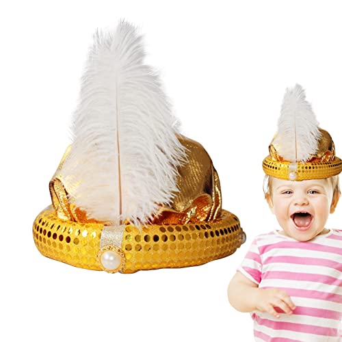 Ohicki Sombrero de disfraz de Aladino,Disfraz de turbante de Aladino - Turbante Aladdin para adultos con diseño de lentejuelas brillantes de plumas y perlas para juegos de rol
