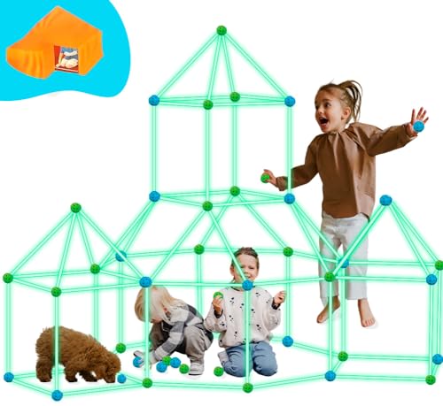 OnlyBP® 140pcs Kit de Construcción de Fuertes para Niños - Varillas Que Brillan en la Oscuridad - Juegos para Niños de 3+ años - Bloques de Construcción para Niños