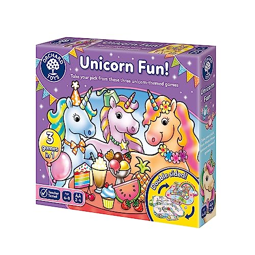 Orchard Toys Juego divertido de unicornio, 3 juegos en 1, juego de valor de parachoques, juegos de combinación y memoria, para niños de 4 a 8 años, regalo de cumpleaños