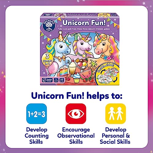 Orchard Toys Juego divertido de unicornio, 3 juegos en 1, juego de valor de parachoques, juegos de combinación y memoria, para niños de 4 a 8 años, regalo de cumpleaños