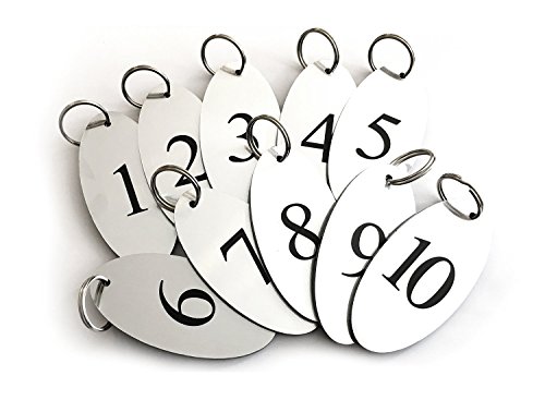 Origin Key Fobs, Key Tags, Key Rings, Numbered 1 to 10, Silver Oval Black Engraved Numbers, for Hotels, Guesmiles, B&Bs, Corporation
