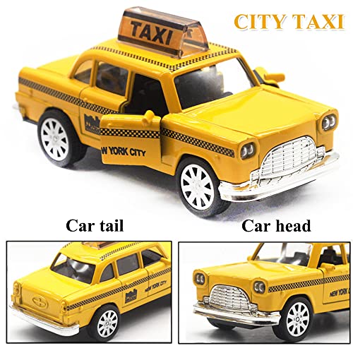 OTONOPI Juguete de coche de taxi para niños, cabina amarilla de la ciudad de Nueva York, taxi de juguete, modelo fundido a presión, con acción de tracción para niños pequeños, paquete de 2