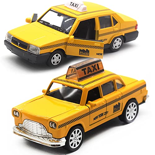 OTONOPI Juguete de coche de taxi para niños, cabina amarilla de la ciudad de Nueva York, taxi de juguete, modelo fundido a presión, con acción de tracción para niños pequeños, paquete de 2