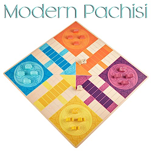 Pachisi: India's Game of Twenty-Five - Cuenta con juegos de reglas modernos y tradicionales 2 en 1 - Juego de mesa de doble cara con coloridos peones de animales y concha de cauri de madera - Noche de