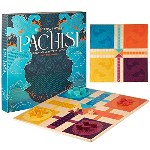 Pachisi: India's Game of Twenty-Five - Cuenta con juegos de reglas modernos y tradicionales 2 en 1 - Juego de mesa de doble cara con coloridos peones de animales y concha de cauri de madera - Noche de
