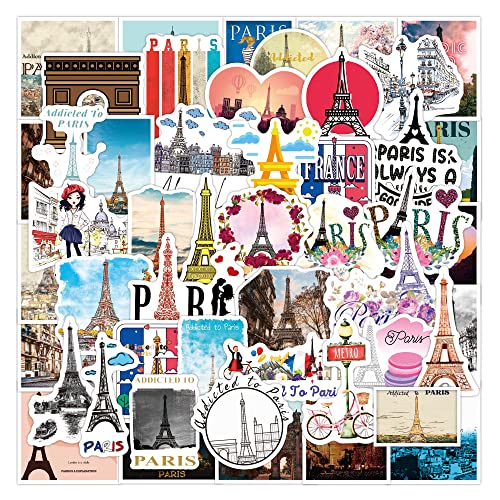 Pack de 50 pegatinas de París Set de pegatinas de Torre Eiffel Graffiti Decal, pegatinas de vinilo impermeables para ordenador portátil, niños, coches, moto, bicicleta, monopatín, equipaje