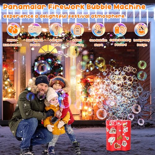 Panamalar Máquina de Burbujas Fuegos Artificiales, 26 Agujeros Máquina Automática de Pompas de Jabón para Niños con 240ML Solución, Juguete para Hacer Burbujas para Fiestas Al aire libre Bodas Navidad