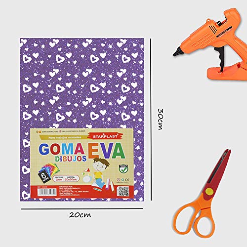 PAPEL GOMA EVA STARPLAST - Pack 6 unidades, varios diseños, 20x30 cm, tamaño A4, para decorar, diseñar y hacer manualidades, líneas y puntos - MODELO 2 GOMA EVA PURPURINA