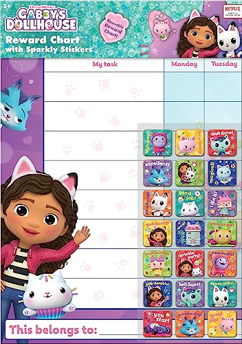 Paper Projects- Gabby's Dollhouse Everyday Reward Chart | Incluye 56 Pegatinas Brillantes | La Tabla Colorida es fácil de Limpiar, Multicolor, 29.7cm x 42cm (01.70.30.051)