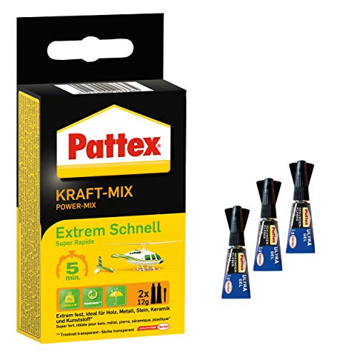 Pattex Kraft-Mix Extrem Schnell, pegamento de 2 componentes de curado extremadamente rápido a base de resina epoxi, set con 2x tubo de 12 g y 3x pegamento instantáneo de 1 g Ultra Gel