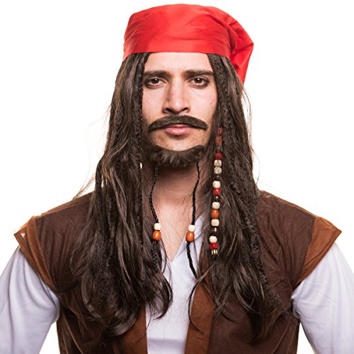 Peluca de pirata (peluca pirata) con perlas y bandana roja para el disfraz de pirata perfecto para carnaval