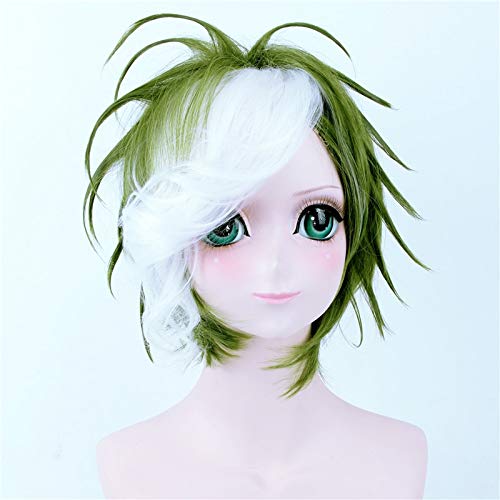 Peluca sintética mullida corta verde mezcla blanca Kabaneri de la fortaleza de hierro Ikoma peluca de cosplay fibra resistente al calor