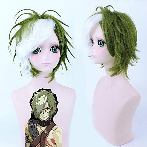 Peluca sintética mullida corta verde mezcla blanca Kabaneri de la fortaleza de hierro Ikoma peluca de cosplay fibra resistente al calor