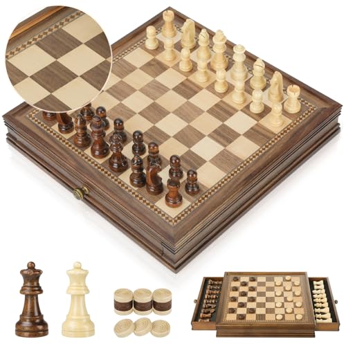 Peradix Ajedrez 2 En 1 Damas de Madera con Cajones,Juego Tablero Ajedrez Magnetico con 2 Reinas, Profesional Chess Board para Niños y Adultos,2 Jugadores(32×32cm)