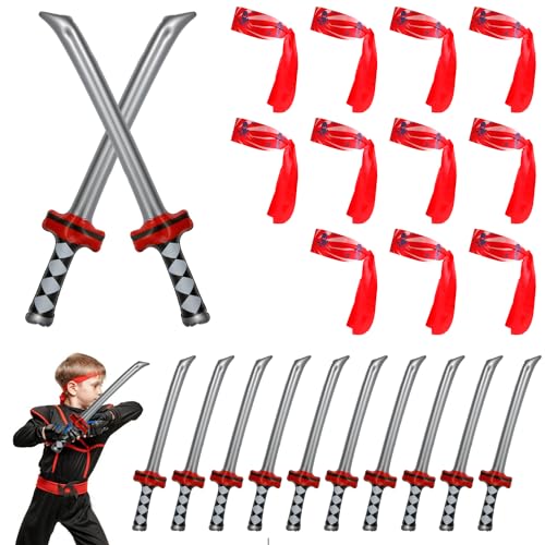 PEUTIER 12 Piezas Espadas Samurai Inflables y 12 Piezas Diademas Ninjas, Juego de Espada Ninja Juguete Inflable Espada Katana Accesorios de Cosplay para Niños Niñas Cumpleaños Fiesta Temática Ninja