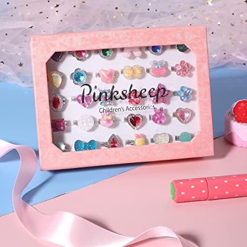 PinkSheep Anillos de joyería para niñas en caja, ajustables, sin duplicar, anillos para jugar y vestir a las niñas (30 anillos de joyería)