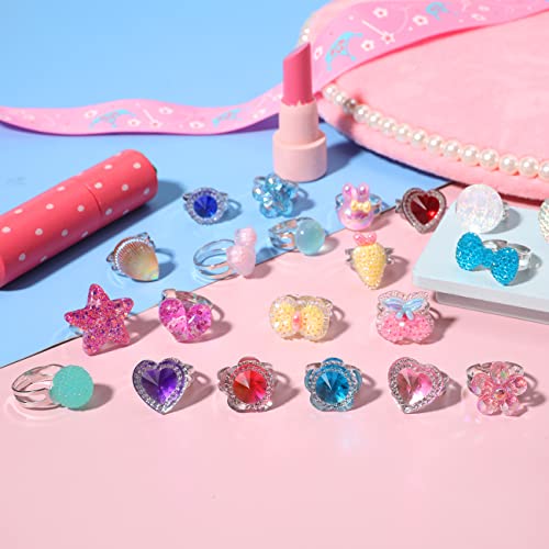 PinkSheep Anillos de joyería para niñas en caja, ajustables, sin duplicar, anillos para jugar y vestir a las niñas (30 anillos de joyería)
