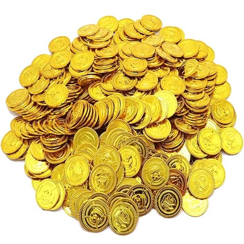 PIQIUQIU 100 Piezas Monedas Oro de plástico, Monedas de Juguete Doradas de Pirata, Monedas de Oro Piratas del Tesoro Pirata para Fiestas Temáticas Piratas