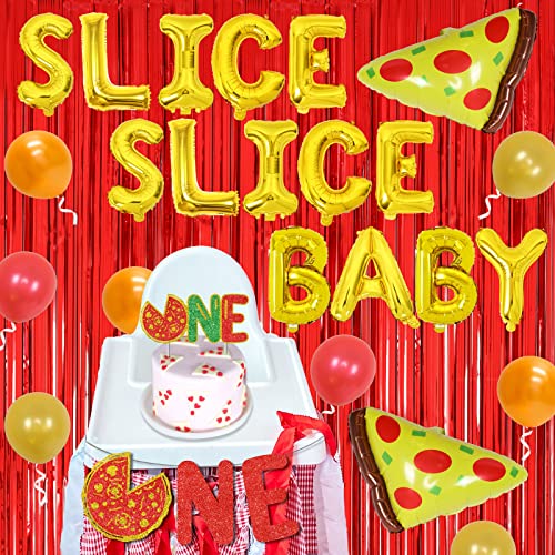 Pizza Primera fiesta de cumpleaños decoraciones, rebanadas bebé globo pizza fiesta suministros primera fiesta cumpleaños silla alta banner pastel temático pizza fiesta de cumpleaños bebé regalo