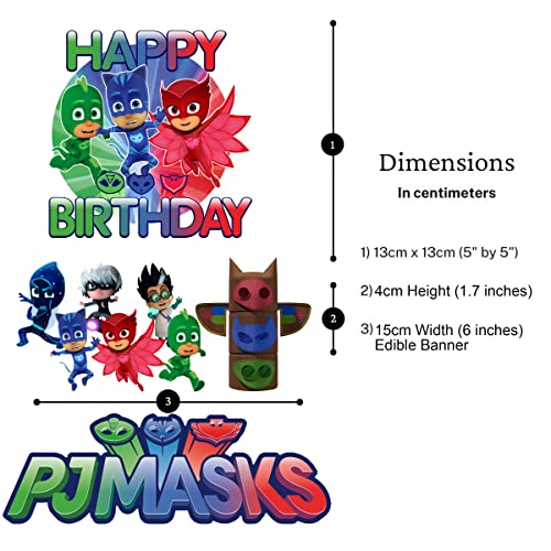 PJ Mask - Decoración para tarta de cumpleaños de 15 cm + 7 personajes + insignia de papel de oblea para pijama, suministros de fiesta para niños, adultos, niñas y niños (decoración principal +