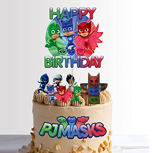PJ Mask - Decoración para tarta de cumpleaños de 15 cm + 7 personajes + insignia de papel de oblea para pijama, suministros de fiesta para niños, adultos, niñas y niños (decoración principal +