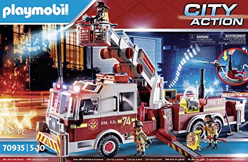 PLAYMOBIL 70935 City Action Vehículo Bomberos, US Tower Ladder, con Luz y Sonido, Juguete para Niños a Partir de 5 Años, Multicolor