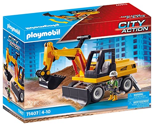 PLAYMOBIL City Action 71407 Excavadora, structura giratoria de 360 Grados y Patas de Soporte, Juguete para niños a Partir de 4 años