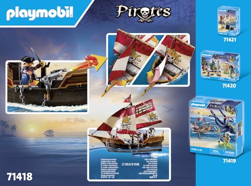 PLAYMOBIL Pirates 71418 Barco Pirata, emocionantes Aventuras en Alta mar, con Accesorios completos como un telescopio, brújula y cañones, Juguetes para niños a Partir de 4 años