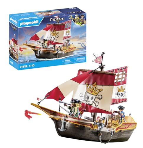 PLAYMOBIL Pirates 71418 Barco Pirata, emocionantes Aventuras en Alta mar, con Accesorios completos como un telescopio, brújula y cañones, Juguetes para niños a Partir de 4 años