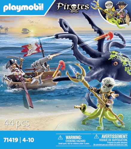 PLAYMOBIL Pirates 71419 Batalla con Pulpo Gigante, Piratas contra Deepers, un Calamar Grande con una función Real de rociado de Agua y Accesorios completos, Juguetes para niños a Partir de 4 años