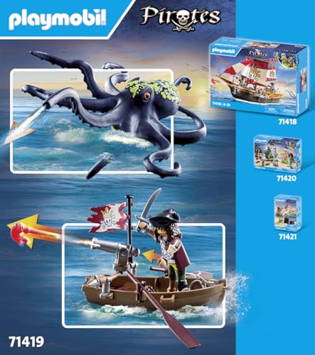PLAYMOBIL Pirates 71419 Batalla con Pulpo Gigante, Piratas contra Deepers, un Calamar Grande con una función Real de rociado de Agua y Accesorios completos, Juguetes para niños a Partir de 4 años